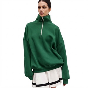 <b>Women</b>’s Green Quarter Zip Pullover <b>Sweatshirt</b> High <b>Neck</b> Oversize Long Sleeve Casual Street wear Fleece Top Custom Apparel OEM - Product Image 1