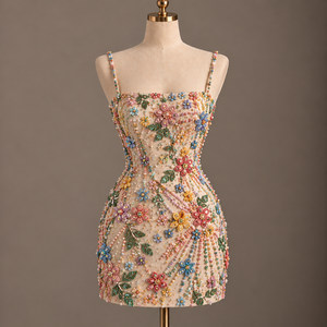 Floral Embroidery Appliques Spaghetti Strap Beaded Sleeveless Club Dress Square Neck Mini Bodycon <b>Party</b> Dress for Cocktail <b>Prom</b> - Product Image 3