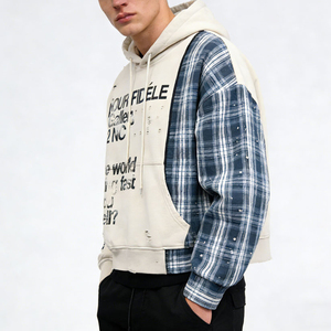 Sweat-shirt à capuche pour homme, patchwork à carreaux, surdimensionné, style streetwear, pull-over, tricoté, veste décontractée d'automne - Product Image 6