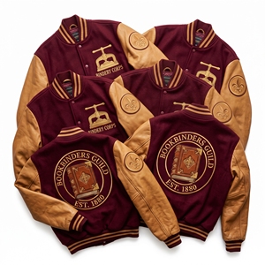 Wholesale Letterman <b>Jacket</b> <b>Burgundy</b> Wool Varsity Coat Windmillers Guild Grain Elevation Embroidery Tan <b>Leather</b> Sleeves Bomber - Product Image 2