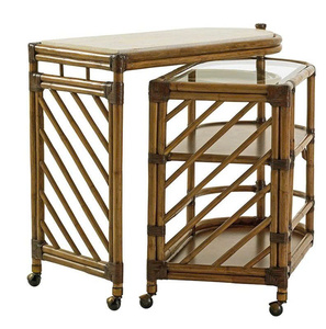 Modern Serving <b>Table</b> with Natural Green Rattan and Glass Top 4 Swivel Casters for Hotels and Bedrooms - Product Image 2