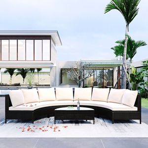 Set di Mobili da Giardino in Rattan Sintetico Beige Resistente alle Intemperie, Divano Componibile da Esterno a 5 Pezzi con Tavolo in Vetro Temperato Design a Mezzaluna - Product Image 2