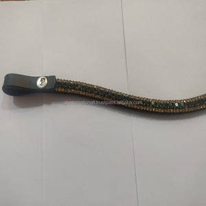 Bande de sourcils de cheval en cuir 12 mm cristal de verre vert foncé et cristaux dorés avec bouton-pression - Product Image 3