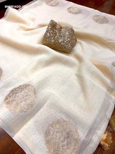 Sari en lin de qualité supérieure avec Butta jacquard brodé Zari et Pallu à pompons, Blouse brodée de sequins – Vente en gros - Product Image 2