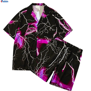Trajes de punto estilo hip hop para hombre, cómodos y transpirables, colección de verano, camisa con botones personalizada, pantalones cortos de playa +Talla grande - Product Image 6