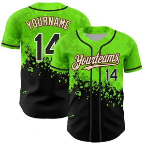 Maillot de baseball personnalisé vert néon et noir à effet éclaboussures pour homme, uniforme d'équipe sublimé, nom et numéro personnalisés, manches courtes, grandes tailles, vente en gros - Product Image 1