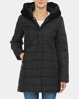 Veste matelassée noire pour femme avec capuche en fausse fourrure, manteau d'hiver chaud avec fermeture éclair et poches latérales