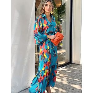 Abito Lungo da Donna con Stampa a Contrasto, Monopetto, Maniche a Lanterna, Collo a Volant, Stile Casual Autunnale - Product Image 5