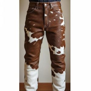 Cowhide <b>Leather</b> Pants Casual Lightweight High Waist Authentic Western Style <b>Trouser</b> with Cow Fur and Cow Print - Product Image 4