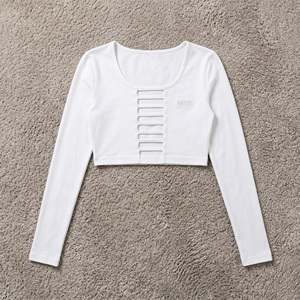 White Long Sleeve Crop Top High Quality Front Cut-Out women's shirt Y2K Fashion Knitted Blouse Slim Fit Baby Tee Custom Logo ODM - Product Image 3