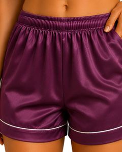 Conjunto de Pijama de Satén Morado Ciruela Personalizado por el Fabricante, Ropa de Dormir de Seda para Mujer, con Bolsillo Bordado, Manga Corta, Conjunto de Ropa de Dormir Suave - Product Image 6