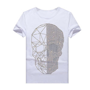 Latest Design 2026 Fashion Skull Pattern Rhinestones Printing Embroidery <b>T</b>-<b>Shirt</b> Crystals Works Boxy Fit <b>White</b> Rhinestones <b>Shirt</b> - Product Image 2