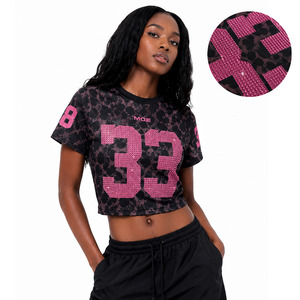 Crop top femme style Y2K avec strass, maillot de football américain personnalisé et orné, cristaux thermocollants, hauts personnalisés, vente en gros - Product Image 1