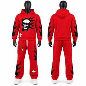 Conjunto de Sudadera con Capucha y Pantalones Deportivos con Estampado de Calavera Gótica para Hombre, Traje Deportivo con Llamas Rojas y Negras - Product Image 1