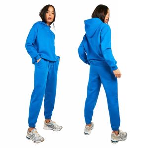 Women Blue Hooded <b>Tracksuit</b> Full Sleeve Solid Color Casual Jogger Set Side Pockets Elastic Waist Drawstring Closure - Product Image 1