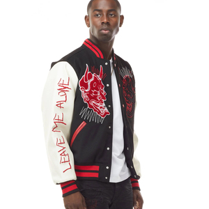Custom High Street <b>Men's</b> Embroidered Oni Mask Varsity <b>Jacket</b> Hip Hop Patchwork Leather Sleeve Baseball Bomber Letterman Coat - Product Image 2