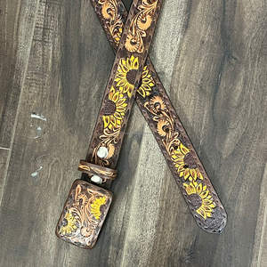 Nouvelle ceinture en cuir véritable de vachette pleine fleur, artisanale, authentique, de marque supérieure, avec motif tournesol, boucle détachable, unisexe - Product Image 5