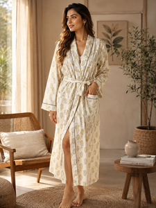 Bata de algodón con estampado floral para mujer, manga larga, cuello en V, longitud completa, suave y cómoda para primavera, con cinturón - Product Image 1