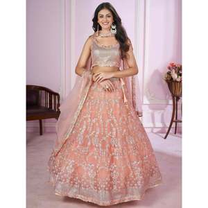 Magnifique Lehenga Choli en tulle souple à sequins couleur pêche pour mariage - Product Image 2