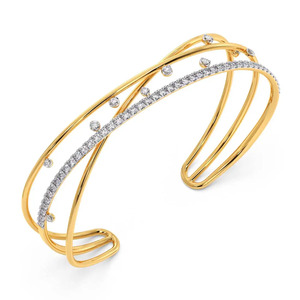 Crossed Wave Diamond Cuff Bracelet with Yellow Gold Open <b>Frame</b> and <b>Floating</b> Sparkle Design - Product Image 3