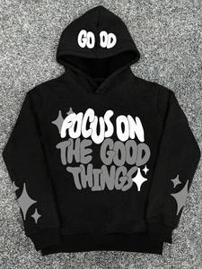 Sudadera con Capucha para Mujer, Estilo Vintage, de Lona Negra, Informal, para Invierno/Primavera, con Bolsillos y Logotipo Frontal, Focus on the Good Things - Product Image 6