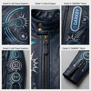 Chaqueta de Cuero Genuino Bordada Estilo Motero con Cierre de Cremallera, Cuello Alto, Estilo Urbano, Corte Regular, Estilo Boxeo - Product Image 6