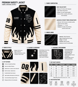 แจ็คเก็ตวาร์ซิตี้ผู้ชายแบบกำหนดเอง ดีไซน์ลายเปลวไฟ ตัวเสื้อทำจากผ้าขนสัตว์ แขนเสื้อทำจากหนัง PU แจ็คเก็ตเบสบอลแบบ Letterman ผู้ผลิต OEM ODM - Product Image 5
