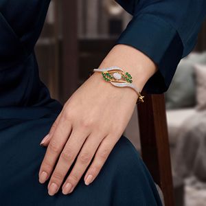 Elegant Women's 18K Yellow Gold <b>Bangle</b> <b>Bracelet</b> with Flowing Leaf-Inspired Design Lab Grown Diamond Pav Rich Green Color 11.2g - Product Image 3