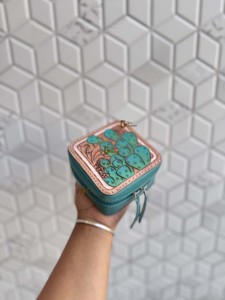 Latest Designer Genuine <b>Leather</b> <b>Jewellery</b> Compact Case Vintage Hand Tooled <b>Leather</b> Cactus Design Zipper Closure Bohemian Style - Product Image 5