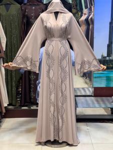 2026 New V Neck Long Sleeve Floor Length Modest Polyester Handmade <b>Flared</b> Hem Abaya Beaded Detail Women's Traditional Muslim - Product Image 1
