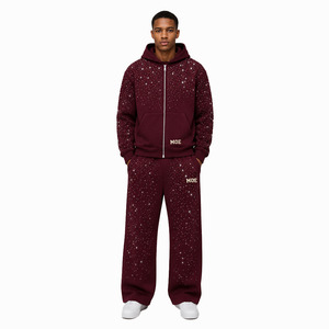 Ensembles de sweats à capuche zippés oversize basiques avec strass, logo brodé personnalisé, vente en gros, fabricant, sweats à capuche et joggers en coton pour hommes - Product Image 1