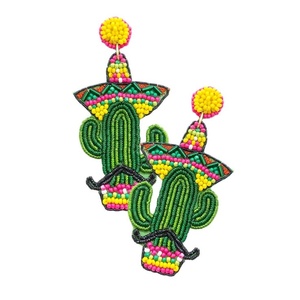 Boucles d'oreilles pendantes légères au design unique, style fantaisie Fiesta, motif cactus perlé et sombrero, pour femmes et filles - Product Image 1