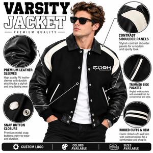 Chaqueta Varsity para Hombre, Color Negro con Bloques de Color, Mangas de Cuero Blanco, Botones a Presión, Estampado de Letras Hip Hop, Chaqueta de Invierno Clásica Universitaria - Product Image 6