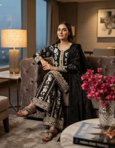Women <b>Black</b> Silk Salwar Kameez Set With Gold Embroidery Traditional Indian Pakistani Ethnic Wear Casual All Seasons - Product Image 2
