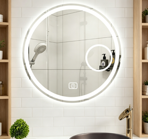 Round LED Bathroom <b>Mirror</b> With <b>Silver</b> Metal <b>Frame</b> Wall Mounted Rustic Style Adjustable Light Source Bath <b>Mirror</b> - Product Image 3