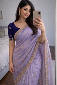 Sari en tissu twill doux et pur avec des broderies sur toute la surface du sari et un travail multi-détails. - Product Image 3