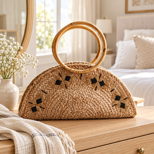 Sac à main demi-lune en jute personnalisable et écologique avec poignées en bambou, motif géométrique noir et or perlé pour femme - Vente en gros - Product Image 5