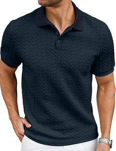 Camisa Polo Casual de Punto Texturizado para Hombre, Camisa de Golf Elástica de Manga Corta, Camisas con Cuello para Hombre para Vacaciones de Verano en la Playa - Product Image 3
