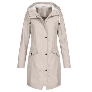 Impermeable Largo con Capucha para Mujer, Chaqueta Ligera de PU para Exteriores con Bolsillos, Chaqueta Cortavientos para Senderismo y Viajes - Product Image 3