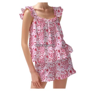 100% Cotton Long Comfy Shorts Pajama Set Soft Dress Spring/Summer Floral Fitted Strappy Ruffle <b>Trim</b> Sleeves PJ Set - Product Image 1