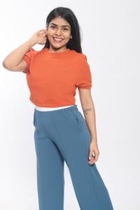 คอมเมอร์เสื้อยืดแขนสั้นผู้หญิงสไตล์วอฟเฟิลสีส้มผสมโพลีเอสเตอร์เนื้อนุ่มระบายอากาศได้ดีสำหรับใส่ทำงาน - Product Image 3