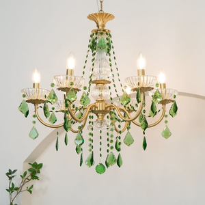 <b>Retro</b> brass chandelier with avocado green ceramic accents and frosted glass globes, available at wholesale prices. - Product Image 4