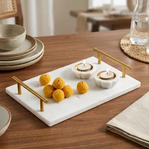 Plateau de service en marbre blanc avec poignées dorées, plateau décoratif pour bougies chauffe-plat, pour la décoration de la maison, centre de table - Product Image 6