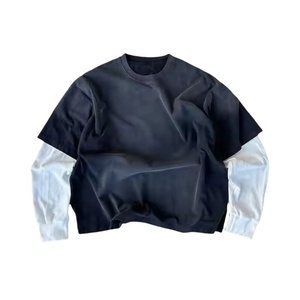<b>Top</b> trending 100% Cotton Washed Tshirt Men Vintage Heavy Weight men's T-shirts Double <b>Layered</b> Long Sleeve T-Shirts Trim Design - Product Image 4