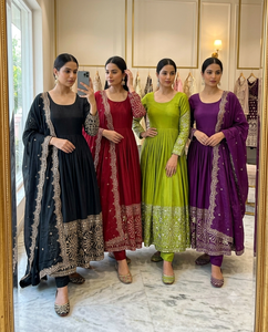 Mirror Work Chinnon Silk Gown Set Featuring <b>Sequin</b> Embroidery Latkan Dori Full Sleeve Design With Coordinated <b>Pant</b> Dupatta - Product Image 1