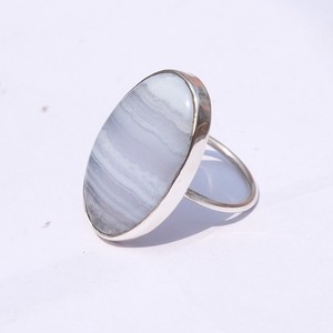 Anillos Unisex Hechos a Mano con Cabujón de Ágata Azul Ovalada Natural, Plata de Ley 925, Chapado en Oro Rosa/Auricular, Estilo Boho - Product Image 1