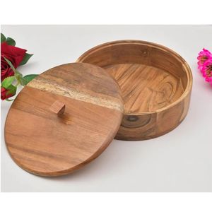 Round wooden container with natural grain patterns smooth finish matching lid with <b>square</b> knob handle handcrafted kitchen - Product Image 1