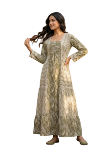 Robe maxi verte imprimée à col carré et manches longues, coupe ample, tissu tissé décontracté, à porter toute l'année - Product Image 2