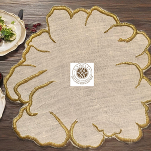 Linen cocktail napkin with golden embroidered bloom <b>edges</b>, soft petal shape adding a refined and elegant table accent. - Product Image 4