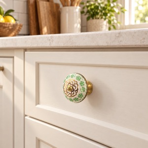 SHUBHAM Handmade <b>Ceramic</b> Cabinet <b>Knob</b> with Brass Base Green Floral Decorative Drawer Dresser <b>Cupboard</b> Furniture Handle - Product Image 1